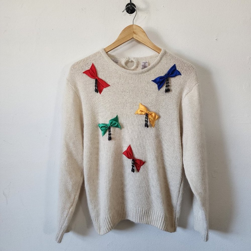 Womens 80s Palm Springs Yacht Club Bow Tie Sweater Medium Silk Angora Blend